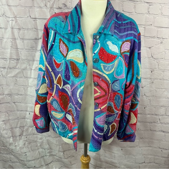 vintage quilted cotton jacket made in india colorful geometric sz XL sequins - Picture 1 of 9
